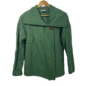 Carraigdonn  Womens Green Cable Knit Cardigan Sweater  Merino Wool Ireland Sz L